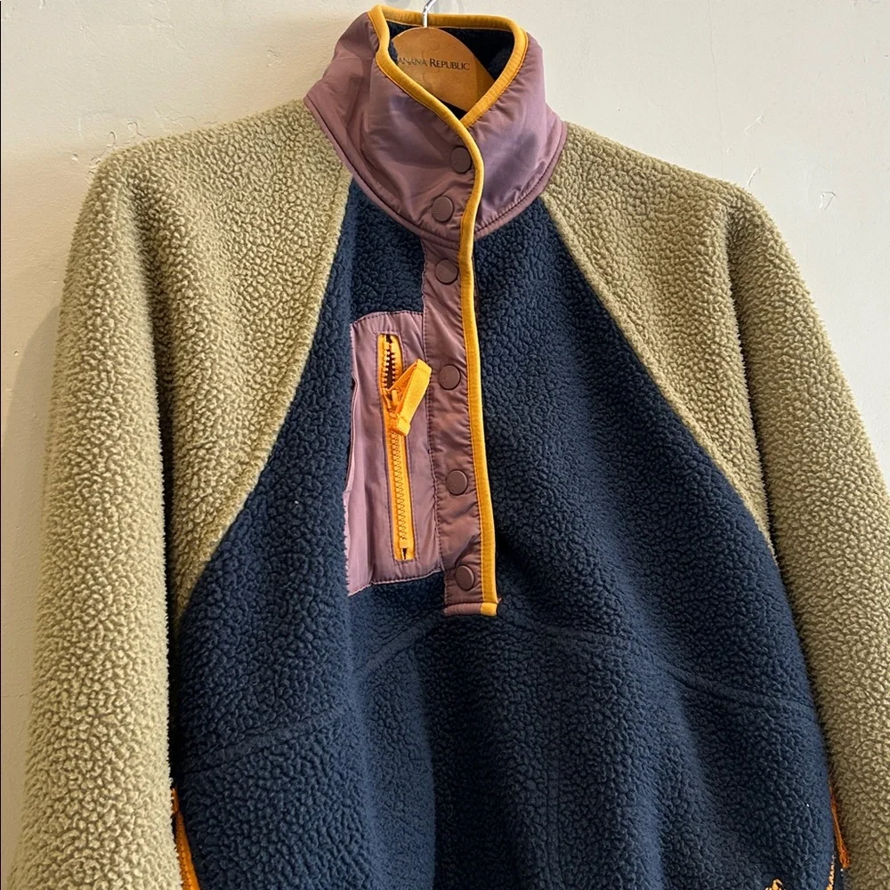 Free People Colorblock Teddy Jacket in Navy, Olive, Mauve & Mustard - Picture 3 of 10